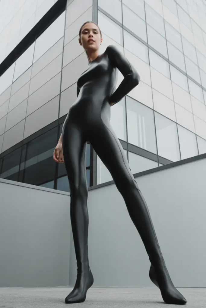 Sock boots with leggings creating a seamless modern outfit with a sleek and streamlined appearance