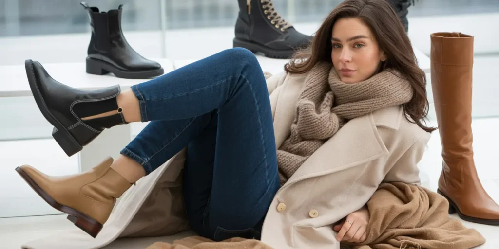 Stylish winter boots and jeans outfit ideas featuring Chelsea boots, combat boots, and knee high boots styled with denim