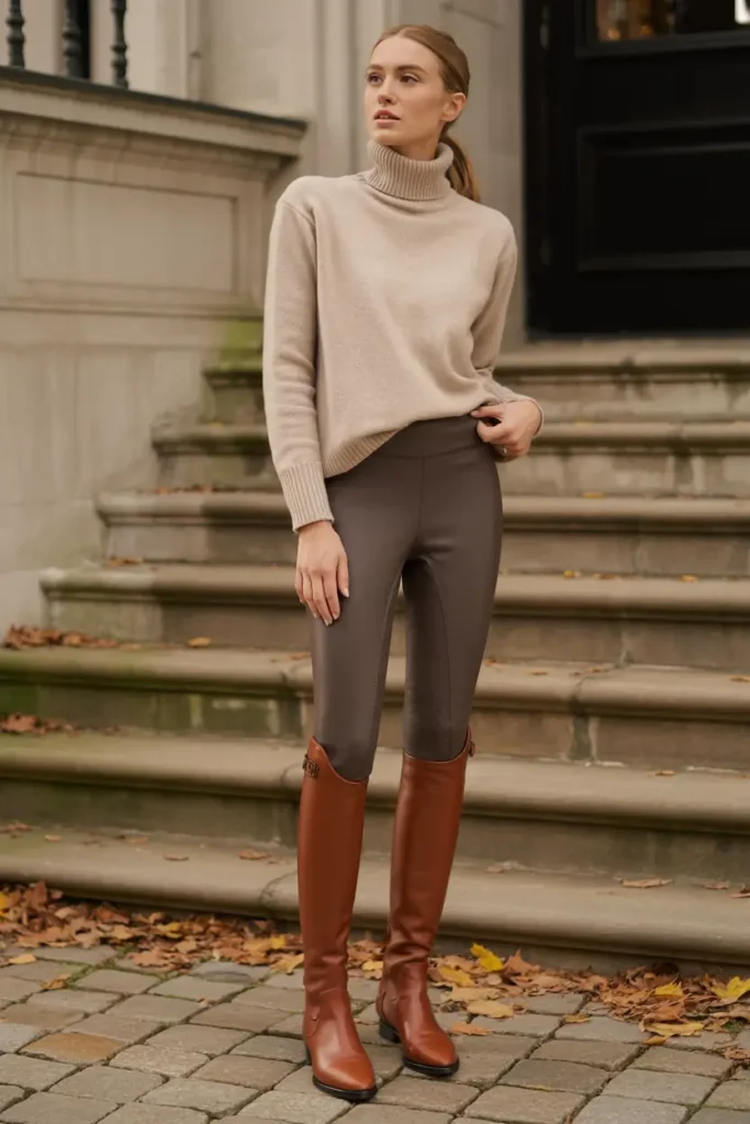 Riding boots with leggings styled in an elegant and structured outfit inspired by classic equestrian fashion
