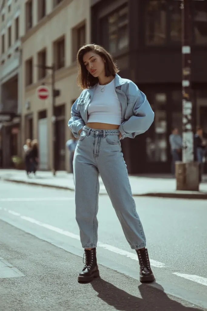 Woman wearing high-waisted jeans, a crop top, and combat boots in a 1990s-inspired outfit
