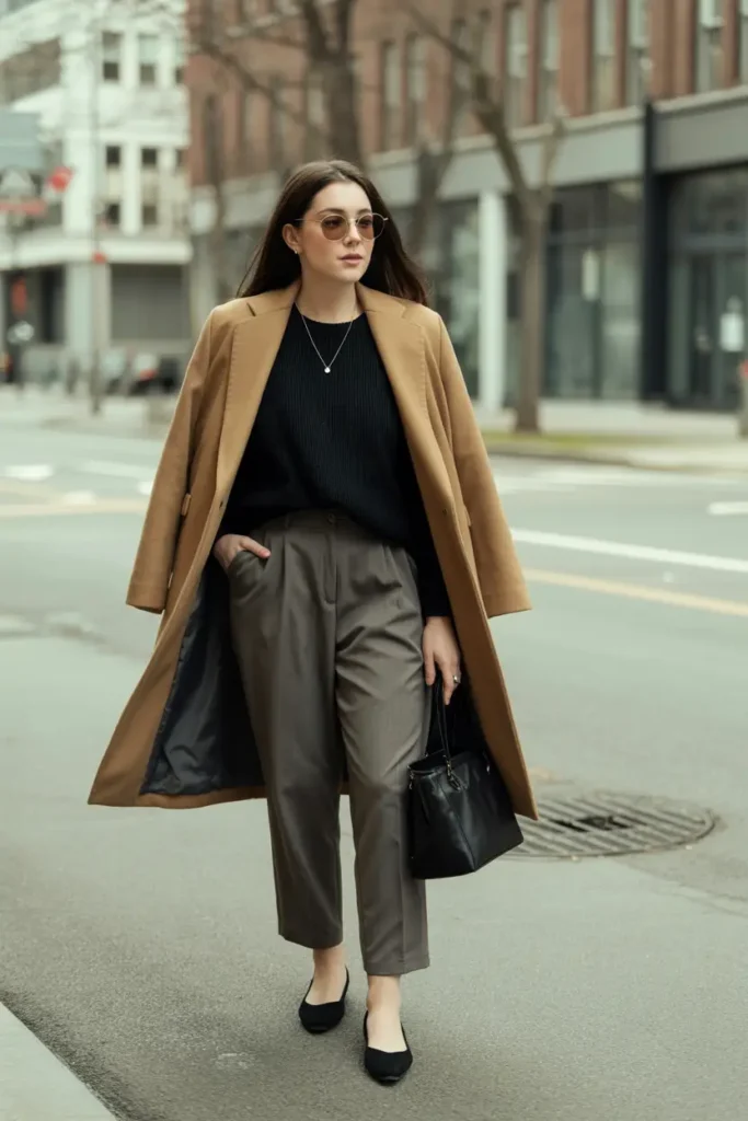 Woman wearing a black sweater, tailored trousers, blazer, flats, and winter coat styled as a budget-friendly business casual outfit