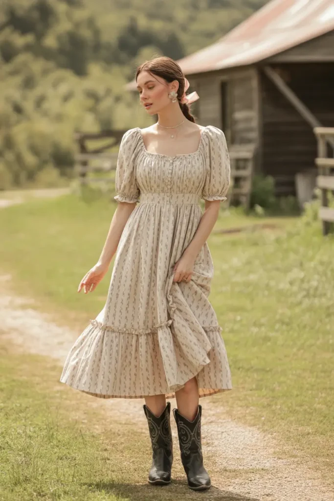 Woman in prairie-style dress with classic cowboy boots styled in feminine vintage Cowboy Boots Outfits