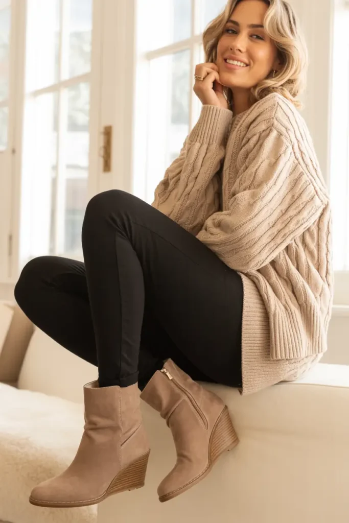 Wedge boots with leggings styled for a comfortable everyday outfit that offers height without sacrificing stability