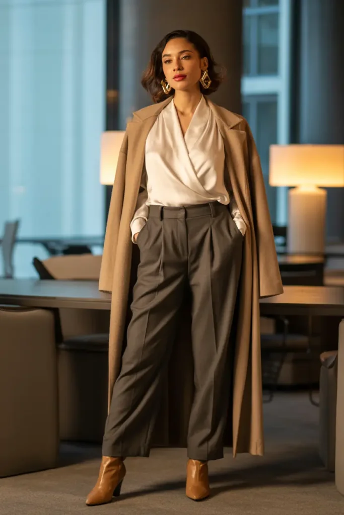 Confident woman wearing a wrap blouse, high-waisted trousers, cardigan, and boots in a flattering winter business casual look