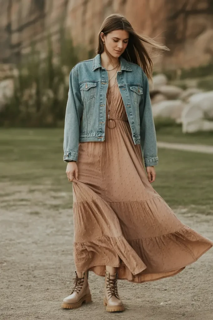 Woman wearing a flowing maxi dress, denim jacket, and combat boots styled with bohemian edge