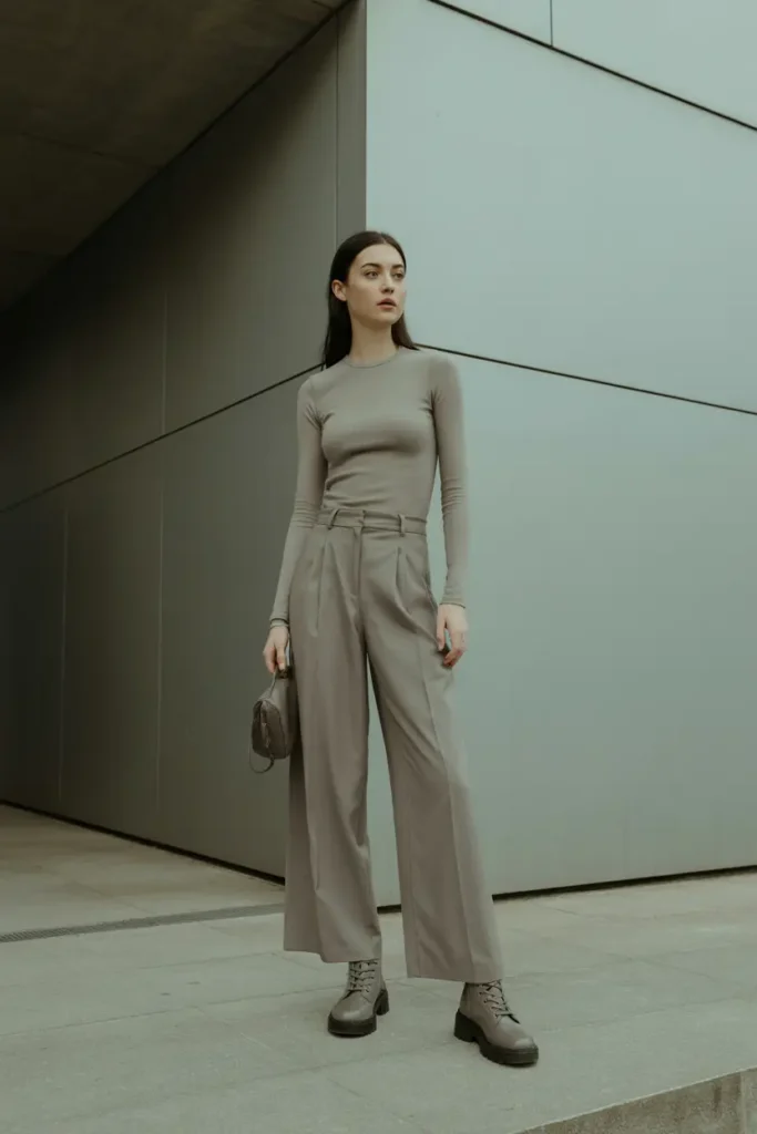 Woman wearing wide-leg trousers, a fitted top, and sleek combat boots in a minimalist chic style