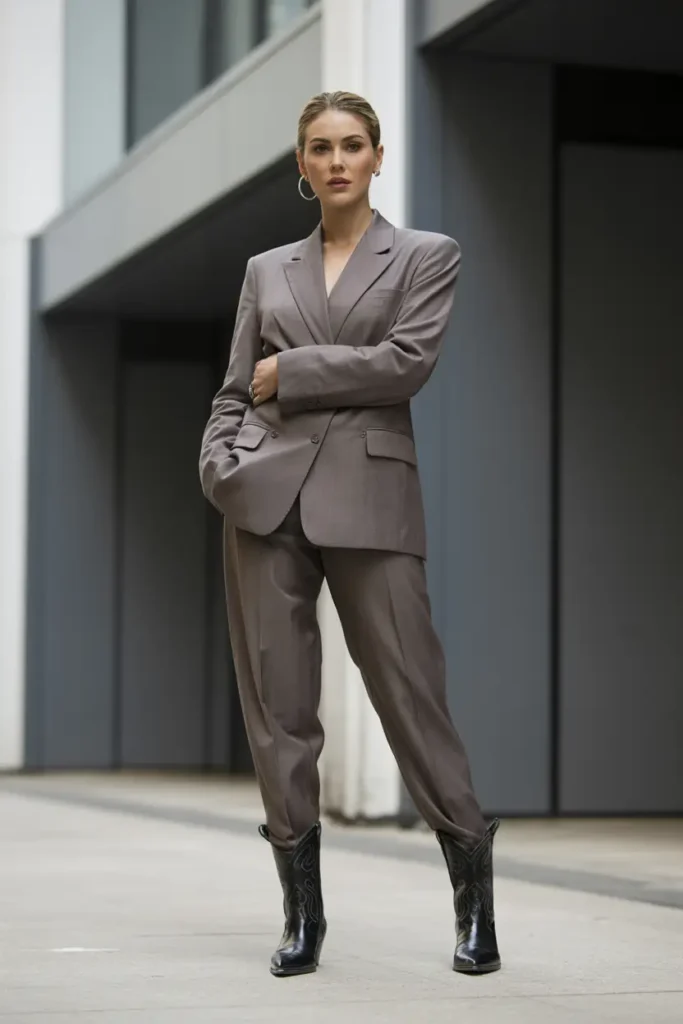 Woman wearing a tailored power suit paired with cowboy boots in bold professional Cowboy Boots Outfits