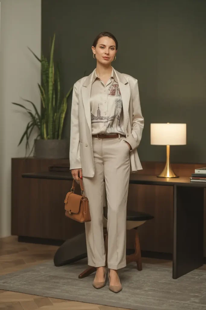 Professional woman wearing a patterned silk blouse, neutral blazer, tailored pants, and flats in a culturally inspired winter work outfit