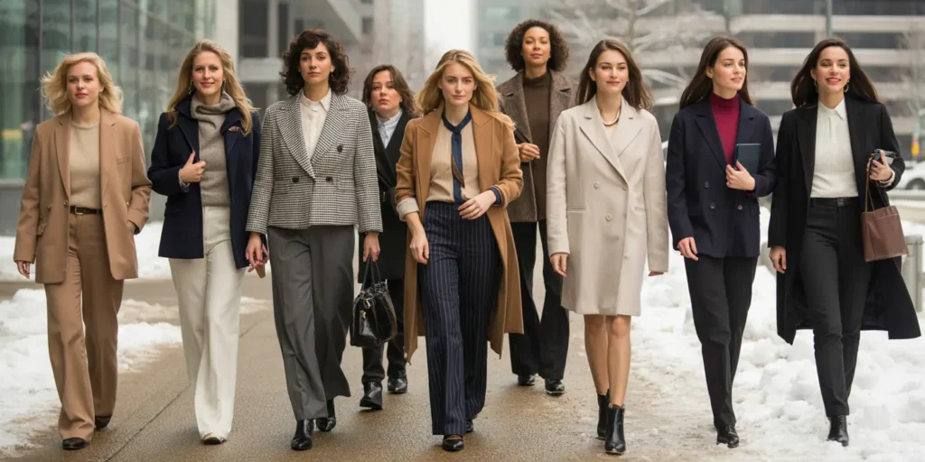 Group of professional women wearing stylish winter business casual outfits with coats, blazers, sweaters, and boots in a modern city setting