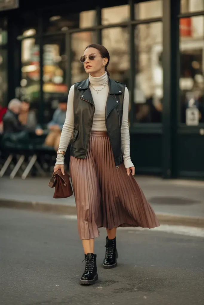 Woman wearing a turtleneck, layered vest, midi skirt, and combat boots styled for transitional seasons