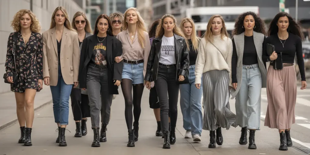 Stylish women wearing different combat boots outfits including dresses, blazers, denim, and layered street style looks in a modern urban setting